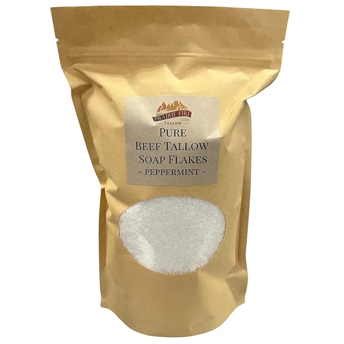 Pure Beef Tallow Soap Flakes - Made in USA - Grass Fed and Finished - Face, Body and Hair - Cleans, Moisturizes, Soothes, and Hydrates. Natural and Organic Peppermint