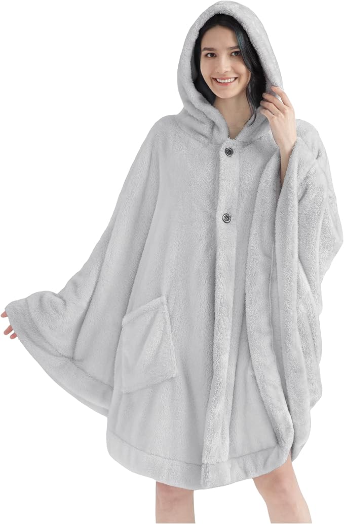 PAVILIA Angel Wrap Hooded Blanket Poncho, Wearable Blanket Throw Wrap Poncho for Women Adult, Cozy Fluffy Sherpa Fleece Shawl Cape with Hood pockets, Warm Gift for Mom Wife, Light Gray