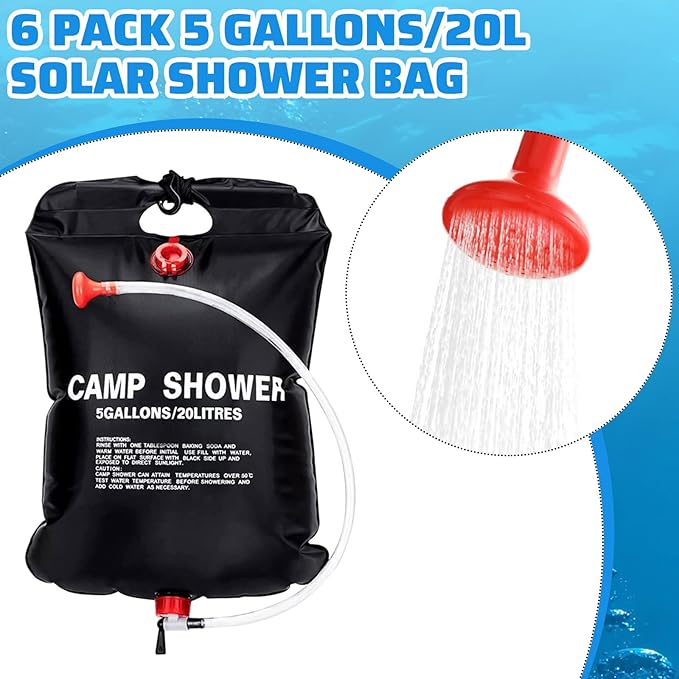 VIHOSE 6 Pcs Solar Shower Bags 5 Gallons/ 20 l Solar Heating Camping Shower Bags with Removable Hose for Camping Beach Swimming Outdoor Traveling Hiking Climbing(Black)