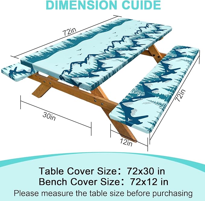 Picnic Table Cover with Bench Covers Portable Table Cloth Built-in Storage Pocket Picnic Table Covers with Elastic Waterproof Camping Essentials for RV Camping