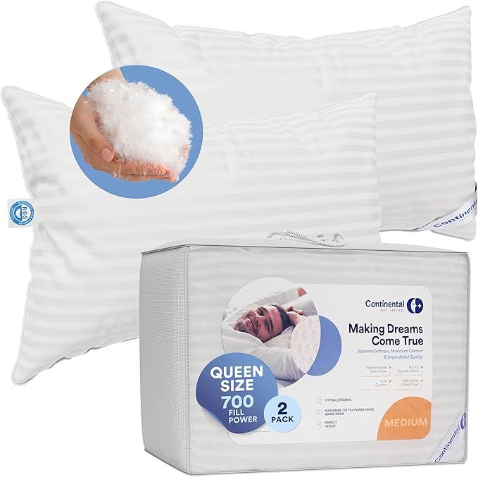 Continental Bedding | Serenity Goose Down Pillow | 700 Fill Power Hungarian White Down | 400TC Cotton Damask Shell | Made in USA | Medium, Queen (Pack of 2), 2 Count