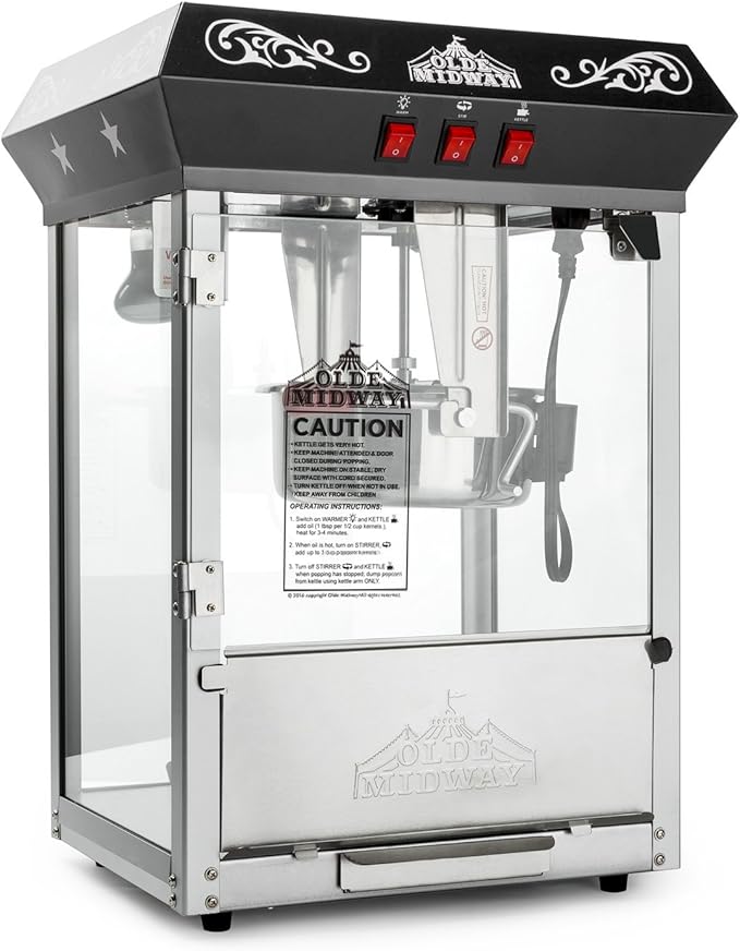 Olde Midway Bar Style Popcorn Machine Maker Popper with 8-Ounce Kettle - Black