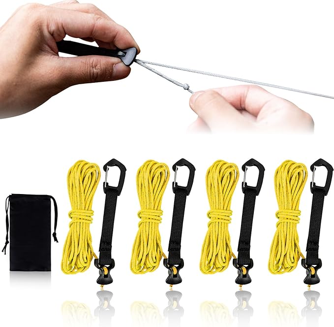 4 Pack Guy Lines-Ultralight Tent Cords with Locking Carabiner Clip, 2mm 100% Nylon Guylines Ropes for Outdoor Camping Tent Tarp,Climbing,Hiking Backpacking (Yellow, 4M)