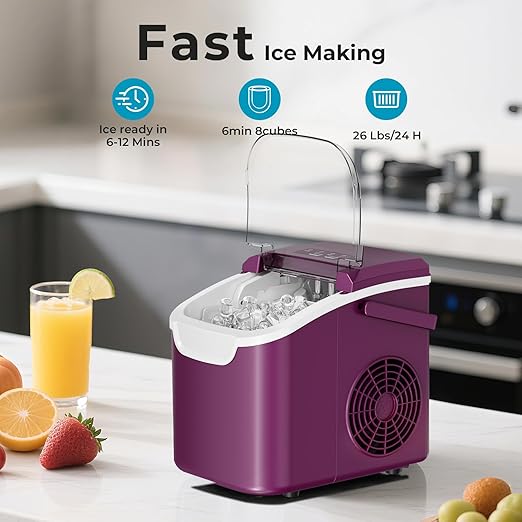 Smart Countertop Ice Maker Machine – 6-Minute 8-Bullet Ice, 26.5lbs Daily – Auto Self-Cleaning, Portable with Selectable Ice Size & Touch Panel for Home/Office/Bar
