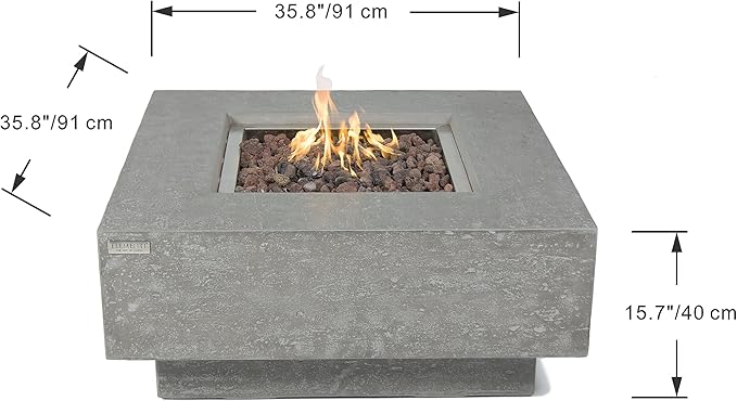 Elementi | Manhattan Gas Fire Pit Cast Concrete 36" Square Fire Table, Outdoor Fire Pit Electronic Ignition | Canvas Cover, Lava Rock Included | Light Gray (Propane Gas)