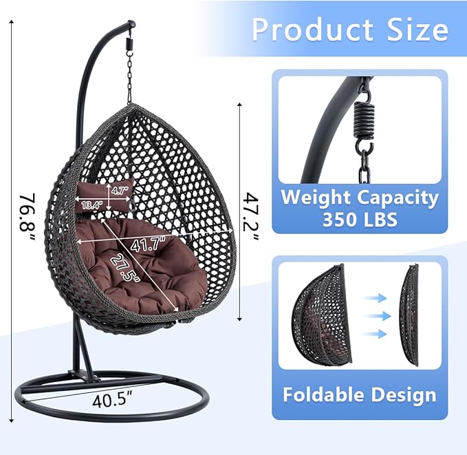 JUFU Egg Swing Chair with Stand,Hanging Egg Chair Indoor Outdoor,Hammock Hanging Basket Chair with Aluminum Steel Frame，Patio Egg Chair with Removable Cushions for Patio Balcony Backyard,Bedrooms