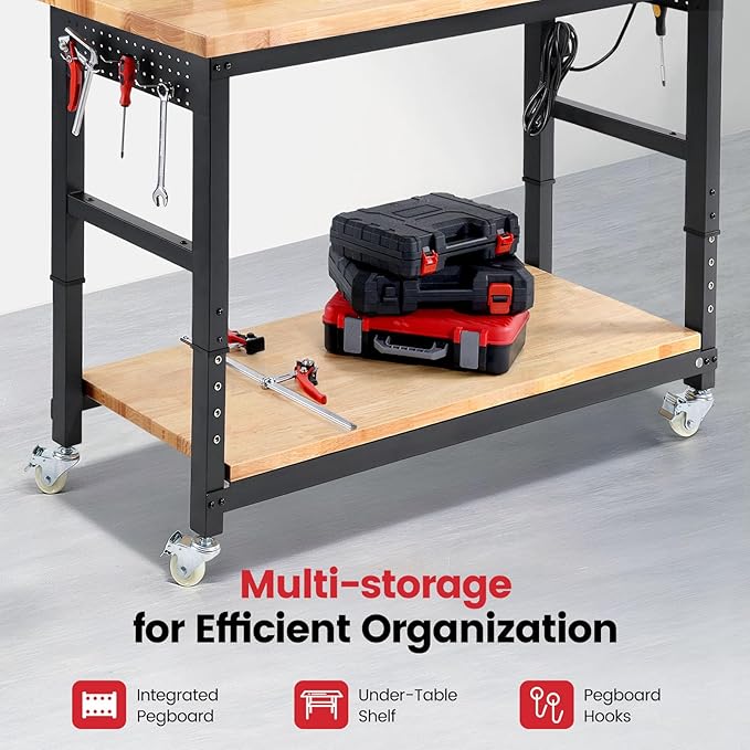 Work Bench for Garage Adjustable Workbenches with Storage 60 Inch Garage Workbench with Under Table Shelf, Pegboard, Power Outlets for Woodworking, Home, Office, Workshop