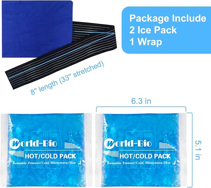 Reusable Gel Ice Packs for Injuries 2 Pack with Wrap, 6.3"x5.1", Hot Cold Soft Flexible Ice Freezer Pack, Cold Compress Therapy for Pain Relief, Surgery Recovery, Knee, Wrist, Ankle, Foot, Elbow, Shin