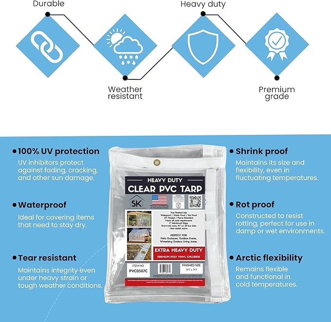 24mil Clear PVC Vinyl Heavy Duty Tarp Enclosure Panel - True Size, UV Protection, Tear Resistant, Waterproof Tarp with Arctic Flexibility 8x12
