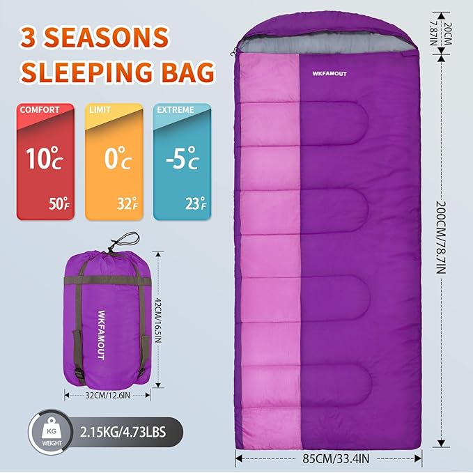 XL 10 Degree Sleeping Bags Waterproof for Adults 350GSM Machine Washable with Compression Sack for 3-4 Season Camping Outdoor