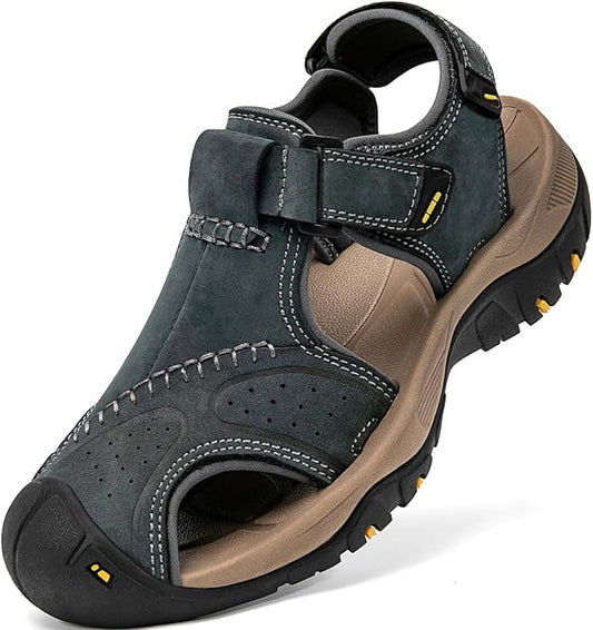 Men's Sport Sandals Closed Toe Leather Hiking Athletic Walking Outdoor Beach Trail River Fishing Water Shoes Lightweight Comfortable Waterproof