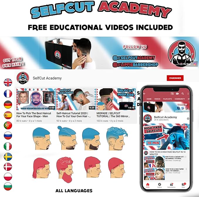 The 360 Mirror - 3 Way Mirror for Self Hair Cutting - Adjustable Trifold Barber Mirro to Cut Your Own Hair - Tri Fold Self Haircut System for Men - Three Sided Mirro for Haircuts (with LED)