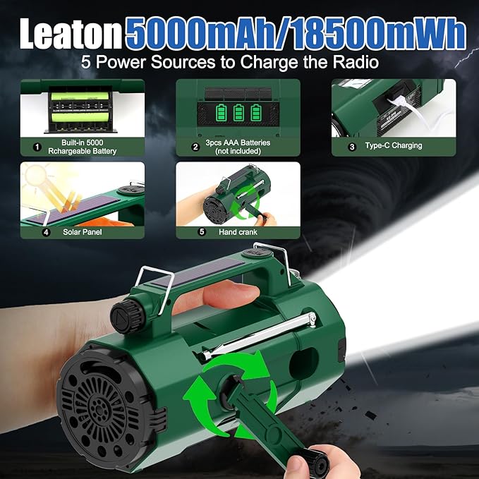 Emergency Alert NOAA Weather Radio with Hand Crank & Solar Power, AM/FM/SW Portable Radio, Replaceable Battery, Flashlight, Phone Charger, SOS Alarm for Hurricane, Power Outage, Camping Gifts