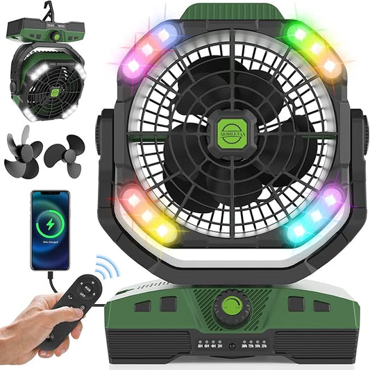 RUNTOP 20000mAh Oscillation Camping Fan, Rechargeable Fan with RGB, Remote, Battery Operated Outdoor Tent Fans w/Hanging Hook, Personal USB Desk Fans for Camping, Jobsite (Green)