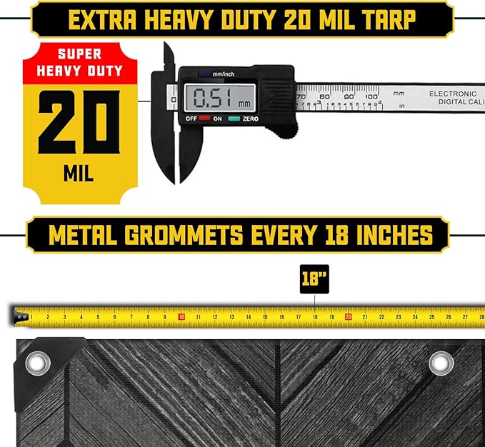 Core Tarps Extreme Heavy Duty 20 Mil Tarp Cover, Waterproof, UV Resistant, Rip and Tear Proof, Poly Tarpaulin with Reinforced Edges for Roof, Camping, Patio, Pool, Boat (Grey Wood/Black 8′ X 10′)