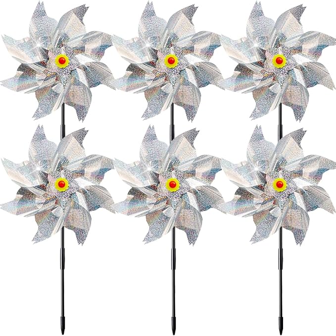 Sparkly Reflective Pinwheels with Stakes, Wind Spinners Outdoor Bird Scare Devices, Foil Pin Wheel Holographic Whirl Windmill for Yard Garden Decor Garden Wind Spinner 6 Packs - Silver