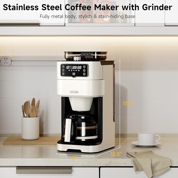Drip Coffee Maker with Built-in Grinder, 10-Cup Programmable Brew Coffee Machine with Timer, Touch Screen, Self-Cleaning, Reusable Filter, 1.5L Removable Water Tank, Warming Plate, White