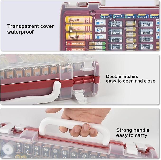Battery Organizer Storage Holder Case with Double-Sided, Garage Box with Tester Checker. Batteries Container for 269pcs AA AAA AAAA 3A 4A 9V C D Lithium 4LR44 CR2 CR123A CR1632 CR2032 18650 -Red
