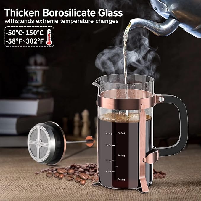 QUQIYSO French Press Coffee Maker 34oz 304 Stainless Steel with 4 Filter, Heat Resistant Durable, Easy to Clean, Borosilicate Glass Press, 100% BPA Free Teapot (Copper)