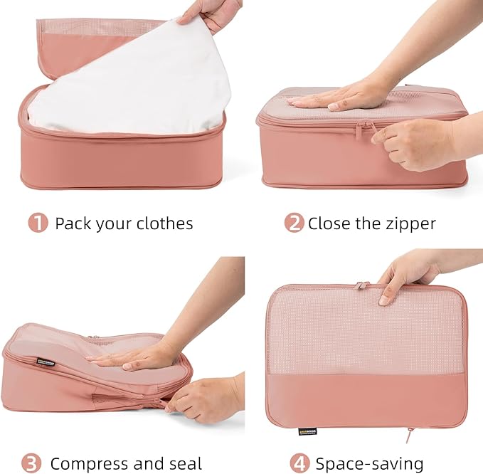 4 Piece Compression Packing Cubes for Suitcases and Backpack, Lightweight Travel Organizers (Dusty Pink)