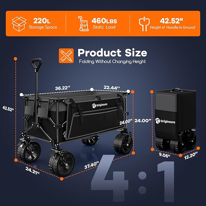 220L Collapsible Wagon Cart Foldable, 460LB Load Capacity Heavy Duty Folding Beach Wagons with Big All-Terrain Wheels, Utility Carts for Groceries, Shopping, Camping, Sports - Grey&Black