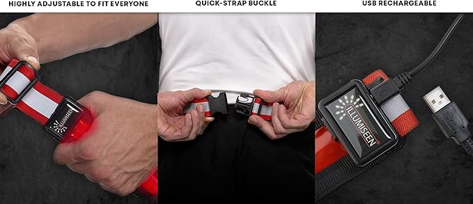 ILLUMISEEN LED Reflective Belt Sash | High Visibility LED Lights with 2 Lighting Modes | Adjustable Quick Release Buckle | USB Rechargeable, No Batteries Needed | Weatherproof Professional Safety Gear