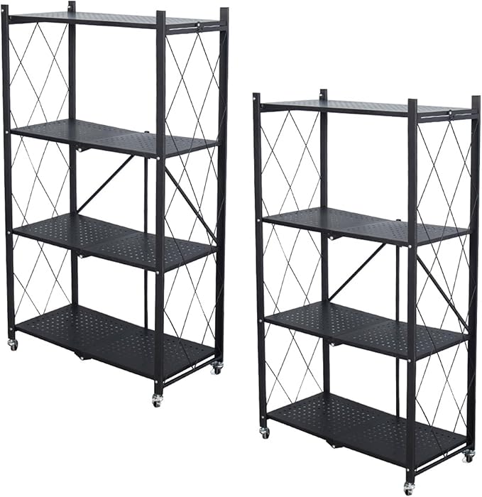 Life Hacks 2pcs 4-Tier Foldable Shelves for Storage, No Assembly Required, Folding Shelf Unit Pantry Shelves with Wheels, Metal Shelving Storage Rack Shelf for Kitchen Garage Home