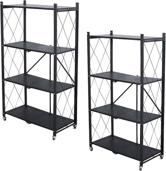 Life Hacks 2pcs 4-Tier Foldable Shelves for Storage, No Assembly Required, Folding Shelf Unit Pantry Shelves with Wheels, Metal Shelving Storage Rack Shelf for Kitchen Garage Home