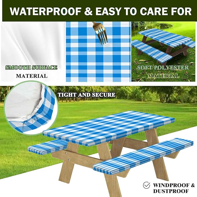 CAPSCEOLL Fitted Picnic Table Cover with Bench Covers with Elastic 8Ft Waterproof Camping Picnic Table Cover Cloths for Outdoors Camping Tablecloth with Drawstring Bag, 96X30in, Blue Checkered