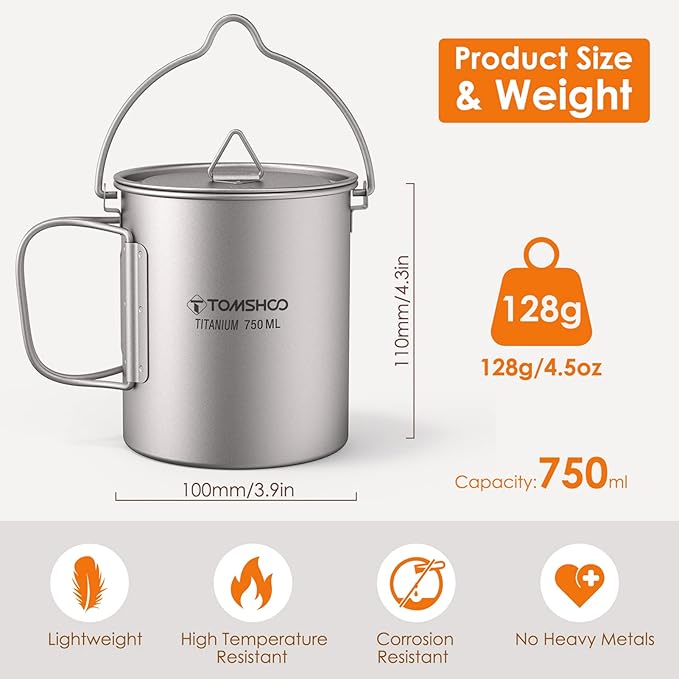 TOMSHOO Titanium Pot 750ml/25.4 oz Outdoor Mug with Lid - Foldable Handle for Camping, Hiking, Travelling, Backpacking, Open Fire