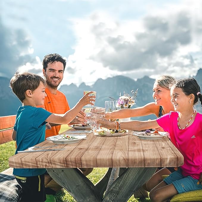 Picnic Table Cover with Bench Covers Elastic Edges, Brown Map Wooden Fitted Table Cover, Outdoor Patio Camping Essentials 72 Inch 3PCS, Waterproof Camping Fitted Tablecloth with Drawstring Bag