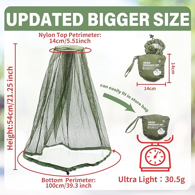 Benvo Mosquito Head Net Mesh One Piece Face Neck Fly Netting Cover from Bugs Gnats Noseeums Hat-Compatible Insect Shield for Fishing, Camping, Gardening (2pcs, Olive, Upgraded Big Net)