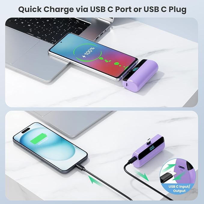 [2-Pack] Mini Portable Charger 5500mAh for iPhone 15/16 Series, LCD Display 15W PD Fast Charging Power Bank USB C Connector Battery Pack Compatible with 16/16 Pro Max/15/15 Pro Max Samsung Android etc
