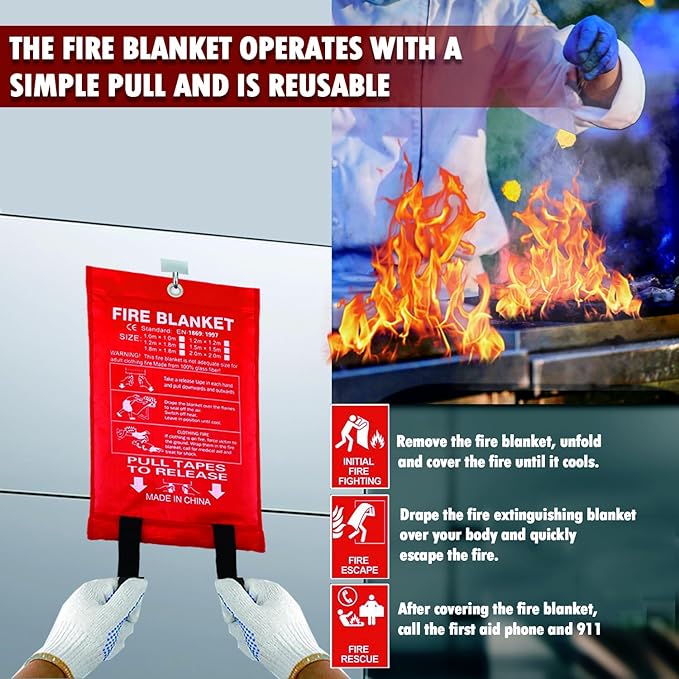 MDH Fire Blanket 40x40 Inches Fiberglass w/Gloves Hooks Whistle - Fireproof Safety for Home, Kitchen, Restaurant, House - Fire Suppression Reusable (Fire Blanket 4-Pack)