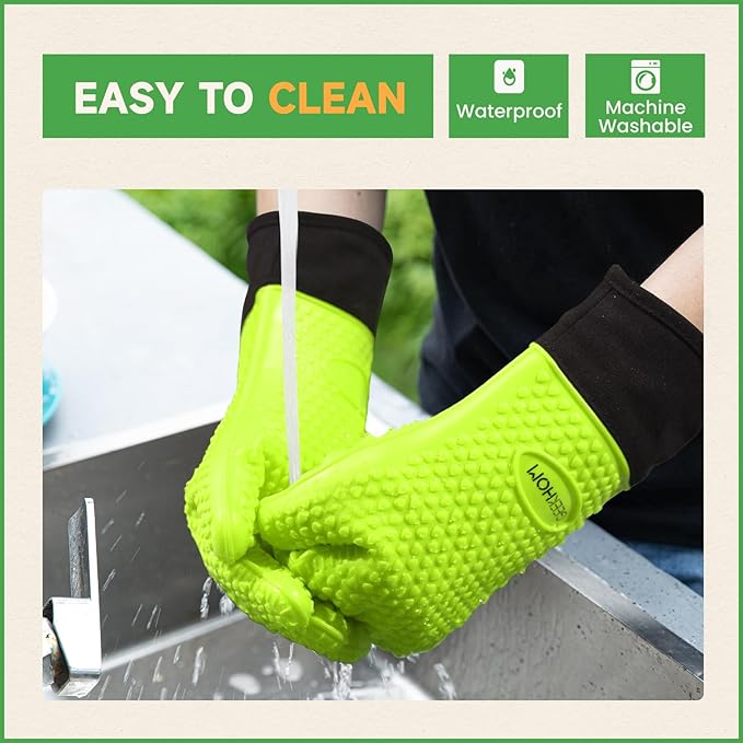 GEEKHOM BBQ Gloves Heat Resistant Oven Mitts - Silicone Grilling Gloves with 13.7" Arm Protection - Waterproof Pot Holder Non-Slip for Men & Women, Kitchen Outdoor Cooking, Baking, Camping, Green
