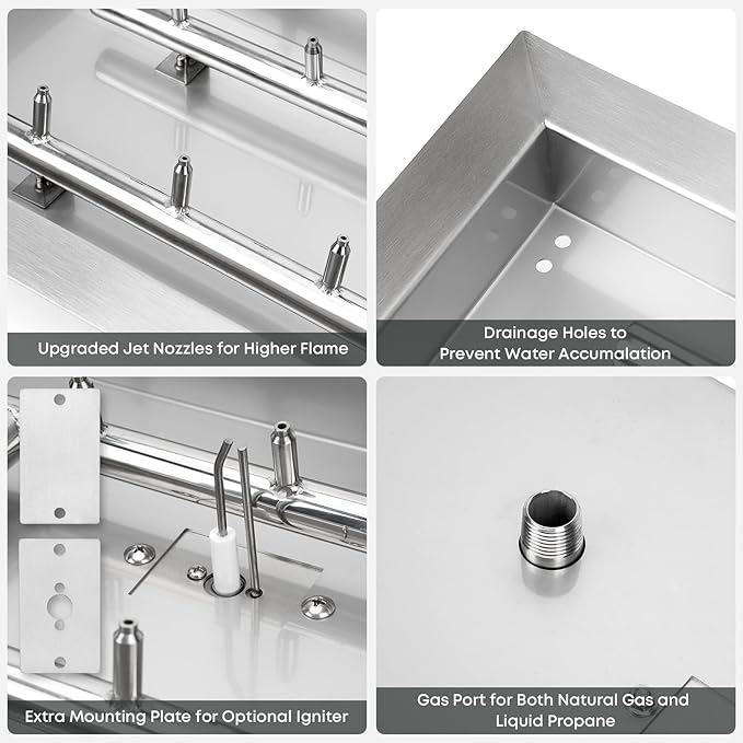 Stanbroil 30 x 10 Inch Upgrade Rectangle Fire Pit Pan with Jet Burner,304 Stainless Steel Natural & Propane Gas Firepits for Outside,High Flame,125,000 BTU Max