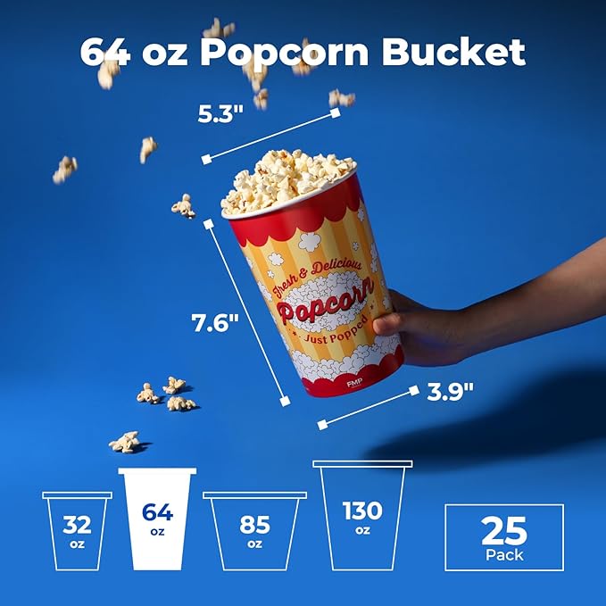 Fit Meal Prep 25 Pack Classic Paper Popcorn Buckets Disposable, 64 Oz Grease Resistant Popcorn Bowls Cups for Machine Home Theater Carnival Movie Night