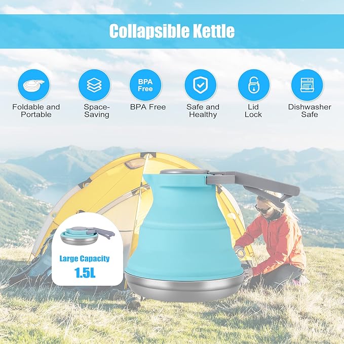 Portable Collapsible Camping Kettle, 1.5L/ 52OZ Foldable Silicon Coffee Pot for Outdoor Camping, Hiking, Traveling, with 1 Collapsible Bowl and 2 Collapsible Cups, Excellent Gift