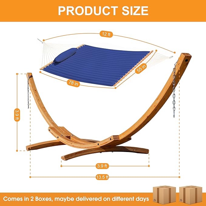 Lazy Daze Hammocks 12 FT Double Quilted Fabric Hammock and 13 FT Natural Wooden Arc Stand, with Spreader Bar, Removable Pillow, 2 Person Hammock for Outdoor Patio Poolside, 450 lb Capacity, Navy Blue