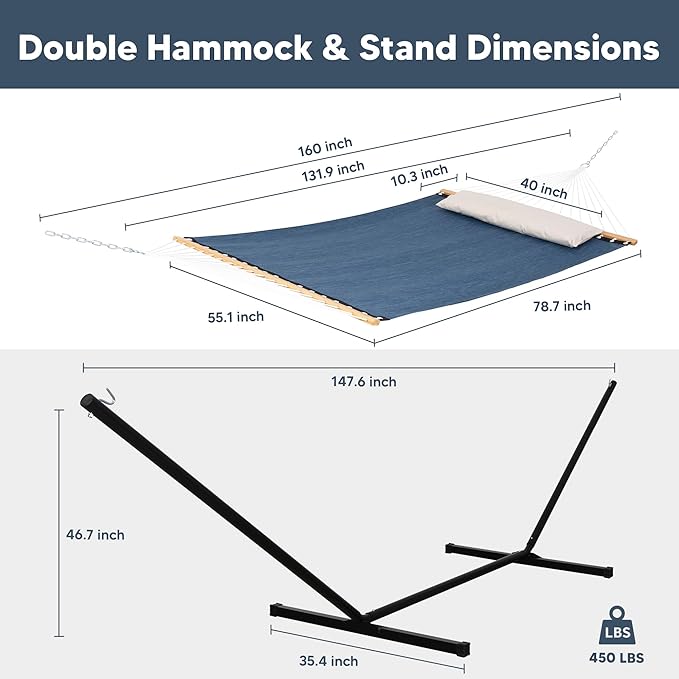 SUNCREAT Hammocks for Outside with Stand, Quick Dry Two Person Hammock with Head Pillow, 450 lbs Capacity, Navy