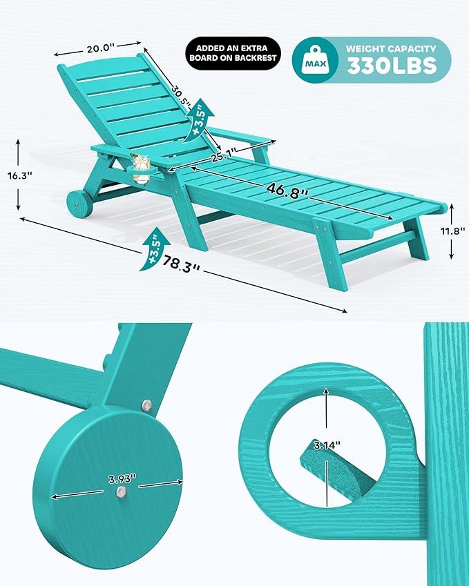 SERWALL Patio Chaise Lounge Chair Set of 2, 78'' Long 5-Positions Adjustable HDPE Outdoor Lounge Chair for Pool, Poly Lounge Chair with Rolling Wheels & Cup Holder for Poolside, Deck, Aqua Blue