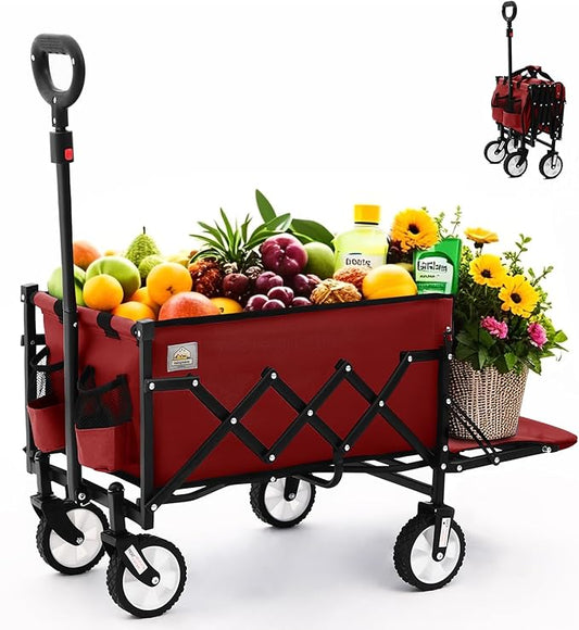 Folding Wagon Cart with Wheels and Tailgate, 330 lbs 120 l Capacity, Adjustable Handle, Portable Collapsible Utility Wagon Cart for Groceries, Outdoor Camping, Shopping, Garden (Red)