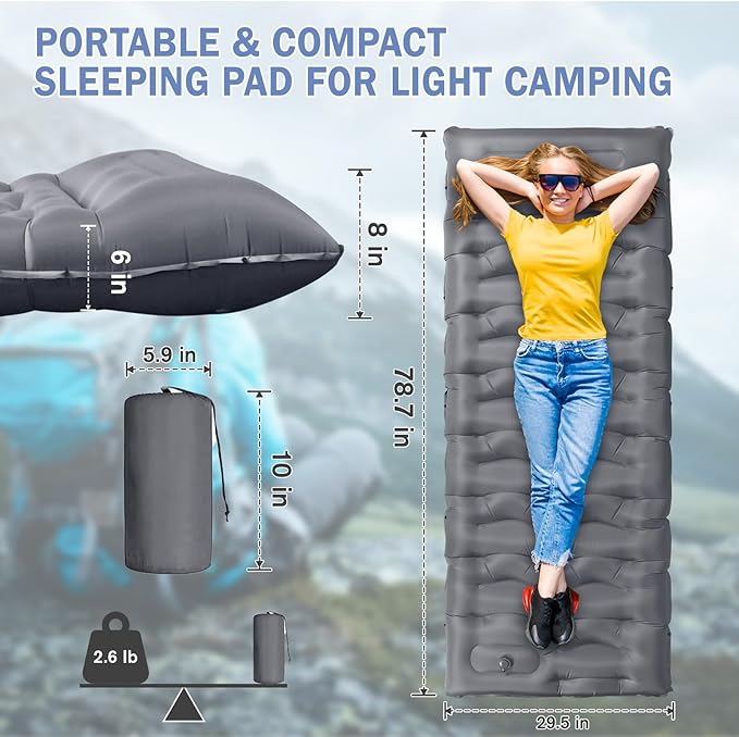 Sleeping Pad, 6" Extra Thick Camping Mat with Pillow Built-in Foot Pump, Ultra Comfortable Inflatable Sleeping Mat for Camping, Backpacking, Hiking, Camp Tent - Enjoy a Comfy Sleep