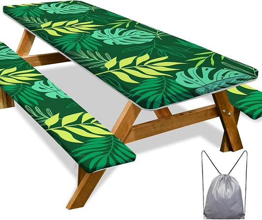 Picnic Table Cover with Bench Covers Camping Essentials Waterproof Windproof Camping Tablecloth with Drawstring Bag, Fitted Rectangle Tables and Seats, 96in, Dark Green