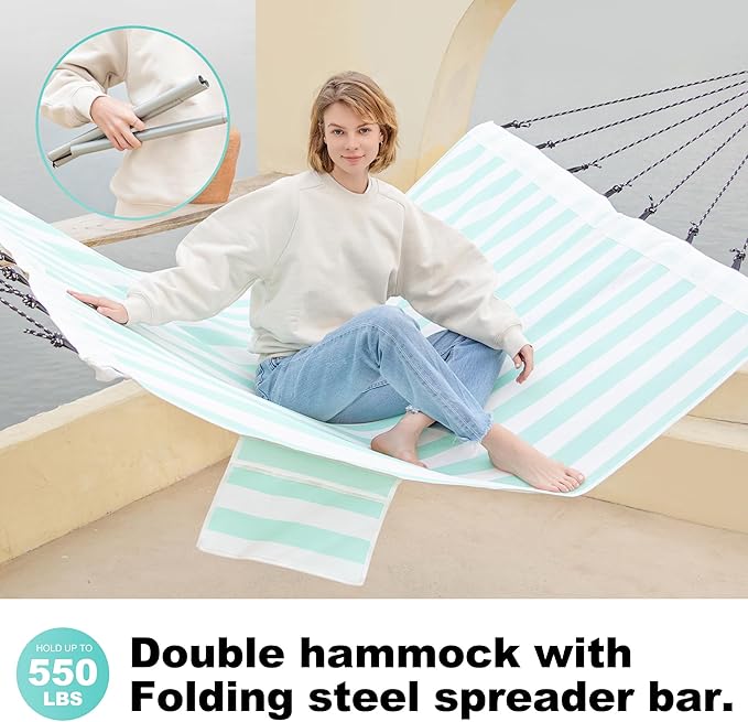 14ft Two Person Outdoor Hammock, Portable Camping with Folding Steel Spreader Bar, Carrying Bag, Carabiners, Tree Straps, Pillow & Sidebag, Quick Dry Textilene, 550 lbs Capacity (Cyan)