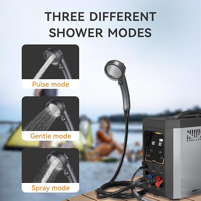 Portable Camping Shower with Constant Temperature Propane Water Heater, Built-in Rechargeable Battery and Multi-protection, Ideal for Outdoor Cleaning & Off-grid Instant Hot Water Needs
