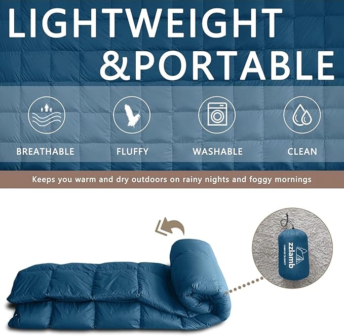 zzlamb Puffy Down Camping Blanket Water-Repellent, Down Throw Travel Blanket Portable for Outdoor, Light Warm Quilt for Couch Plane Car Theater Stadium Picnic RV Backpacking Hammock