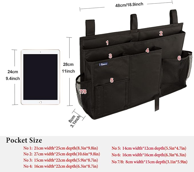 Surblue Caddy Hanging Organizer Bedside Storage Bag for Bunk and Hospital Beds, Black, L