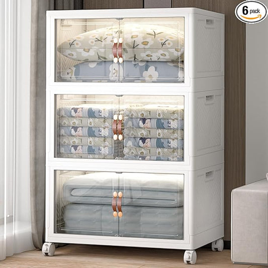 Extra Large Stackable Storage Bins with Lids & Wheels & Door, 480QT-160QT/40GAL*3Pack Foldable Collapsible Closet Organizers, Plastic containers drawers for bedroom Dorm