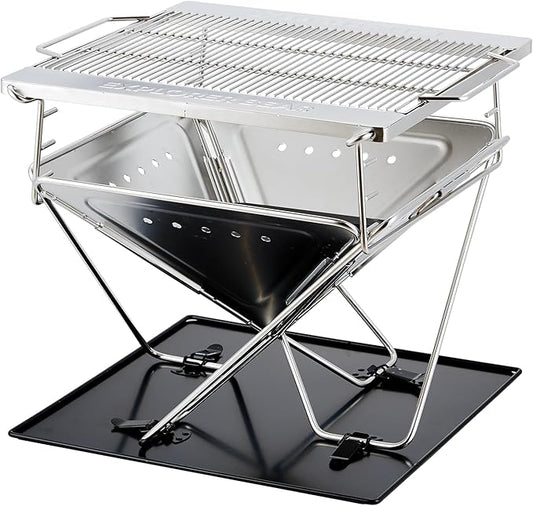 Explorer Bear 20" Stainless Steel Foldable Takibi Fire & Grill with Carrying Bag, Grill Bridge, and Coal Bed | Portable Wood Burning Fire Pit | Perfect for Camping, Outdoors, Patios